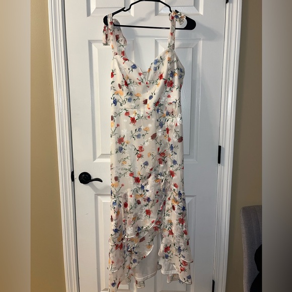 Lulus So Elevated Ivory Floral Jacquared Tie-Strap High-Low Midi Dress - Picture 1 of 2